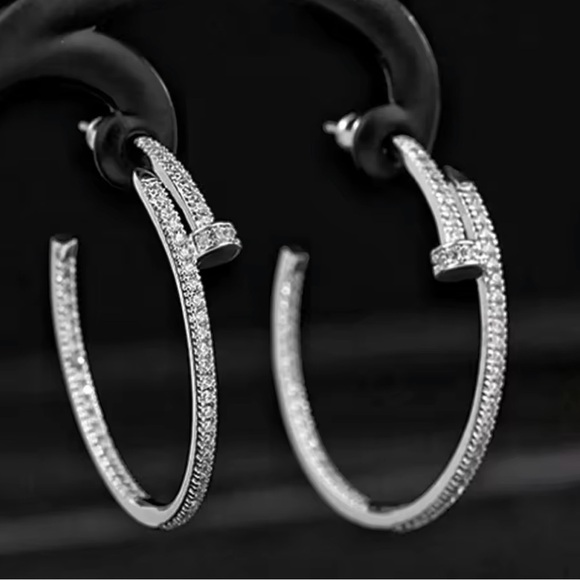 Nail Silver Shiny Hoop Earrings - Picture 1 of 4
